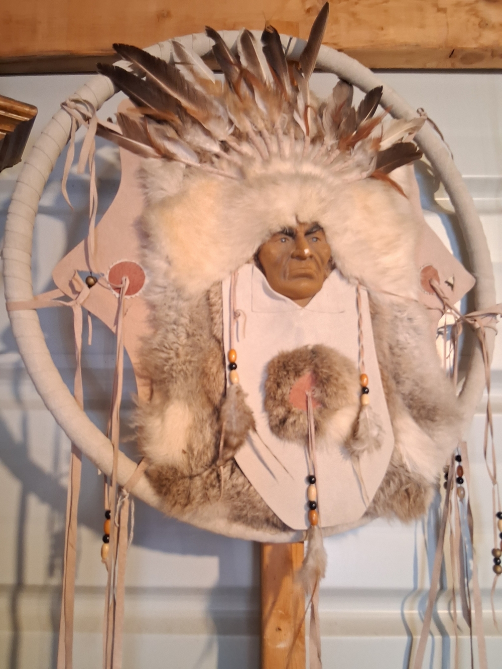 Rustic Ivory and Brown Fur Wall Decor with Feather Crown